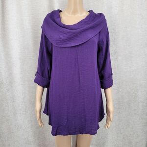 Yushi Clothing Royal Purple 3/4 Sleeve Cowl Neck Tunic Women's Small Oversized